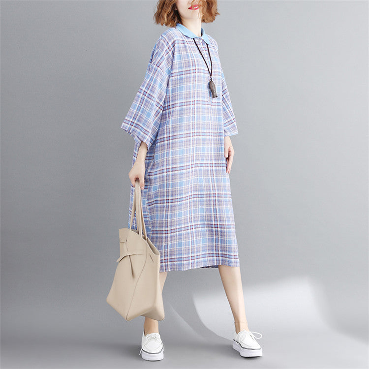 Vintage Linen Plaid Cozy Short Shirt Dresses-Dresses-Gray-One Size-Free Shipping Leatheretro