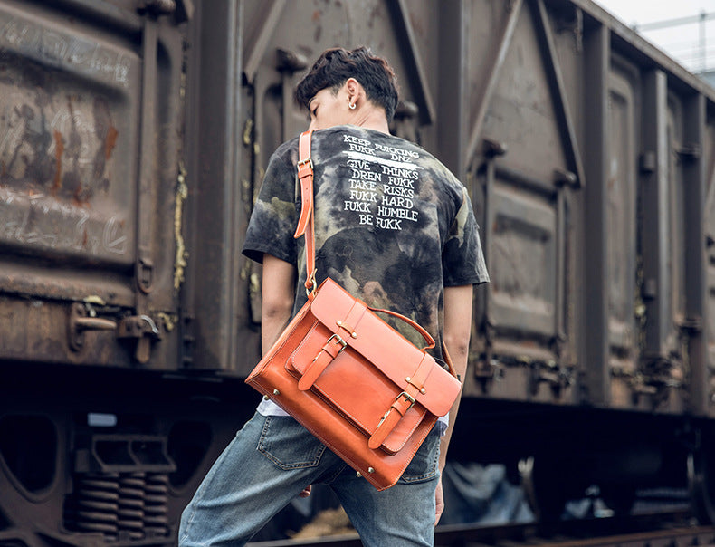 Handmade Vege Tanned Leather Crossbody Bags for Men B016-Handbags, Wallets & Cases-Brown-Free Shipping Leatheretro