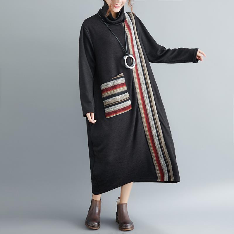 Women Plus Size Turtleneck Long Dresses-Maxi Dresses-Black-L-Free Shipping Leatheretro