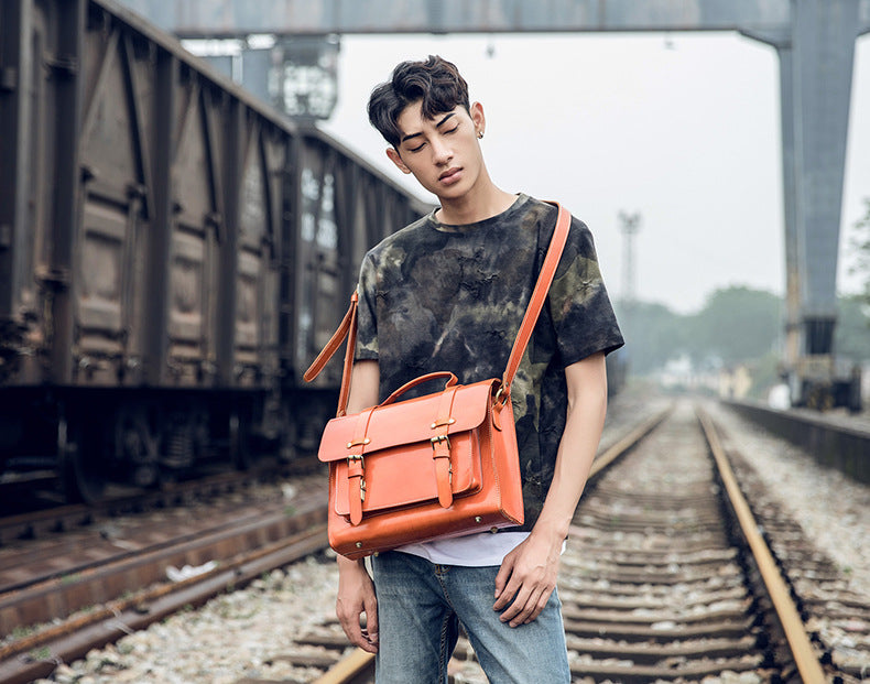 Handmade Vege Tanned Leather Crossbody Bags for Men B016-Handbags, Wallets & Cases-Brown-Free Shipping Leatheretro