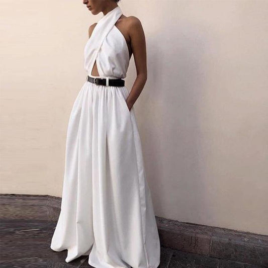 White Sexy Halter Sleevess Backless Jumpsuits-One Piece Suits-White-S-Free Shipping Leatheretro