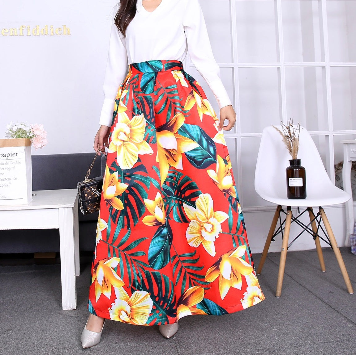 Vintage Floral Print Long Skirts for Women-Skirts-L-S-Free Shipping Leatheretro