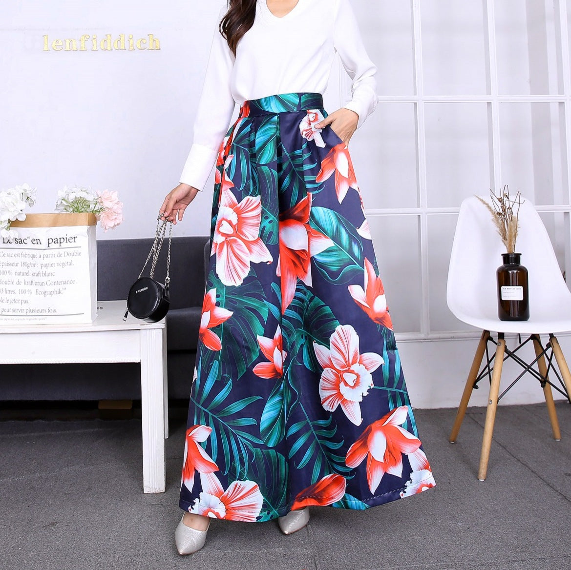 Vintage Floral Print Long Skirts for Women-Skirts-K-S-Free Shipping Leatheretro