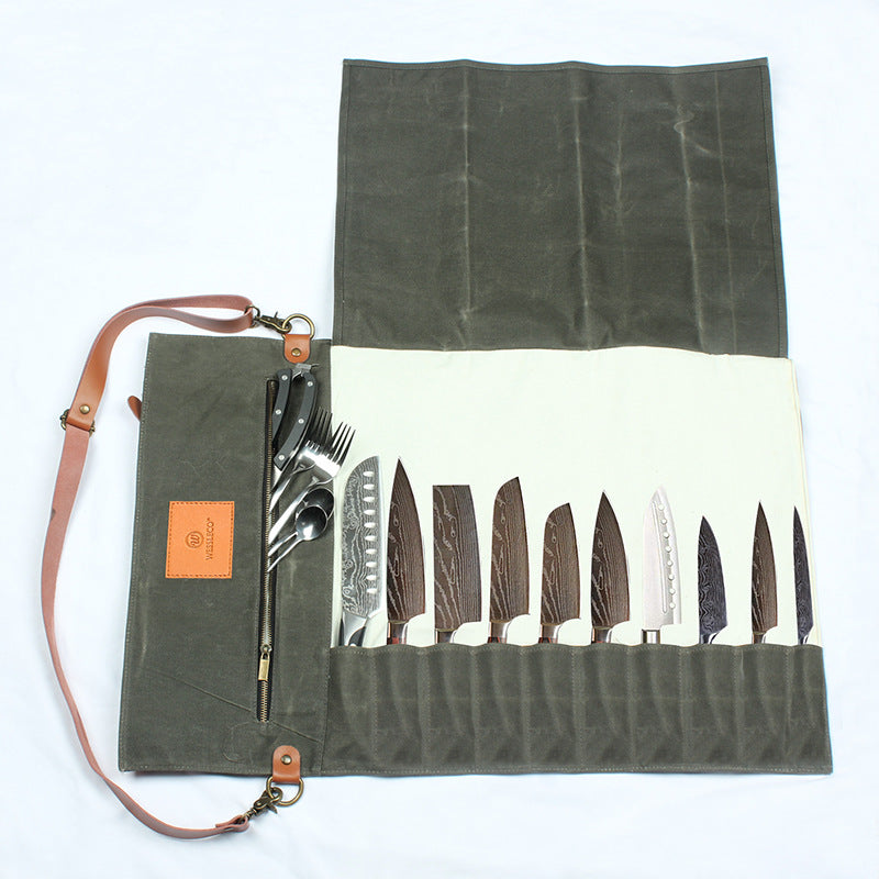 Army Green Canvas Chef's Roll Up Storage Bag-Leather Canvas Knife Cases-Army Green-Free Shipping Leatheretro