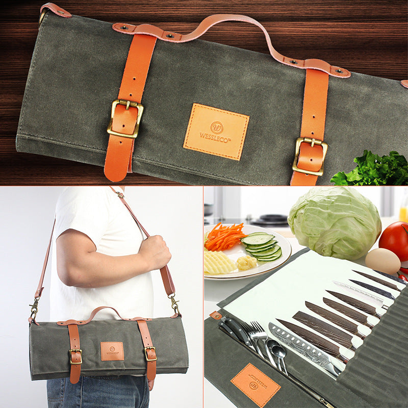 Army Green Canvas Chef's Roll Up Storage Bag-Leather Canvas Knife Cases-Army Green-Free Shipping Leatheretro