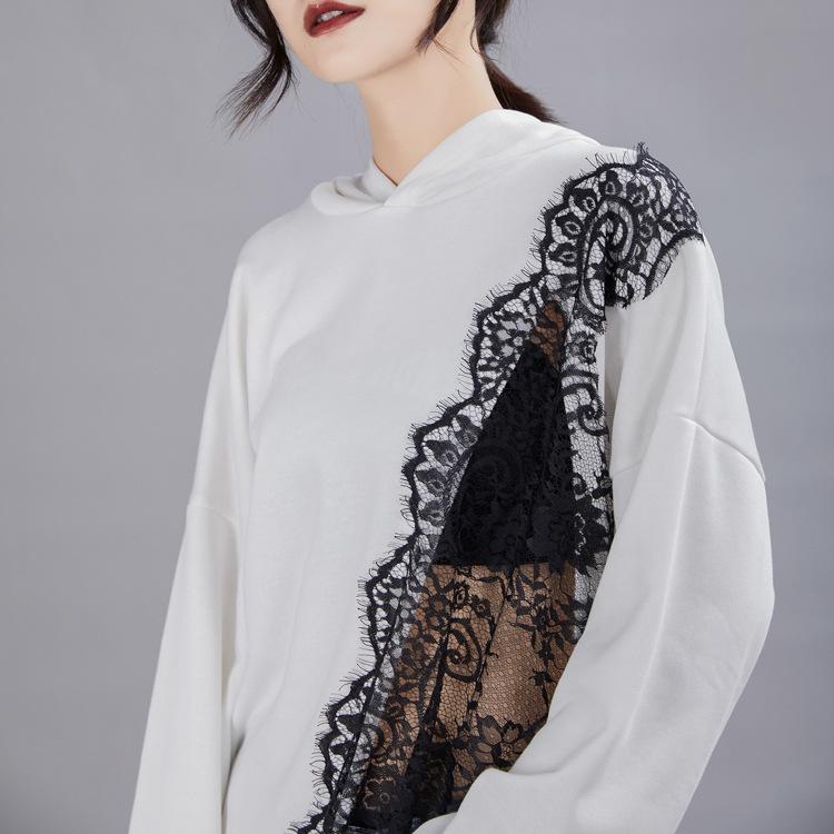 Women Asymmetric Black Lace Fall Hoodies-Women Sweaters-White-One Size-Free Shipping Leatheretro