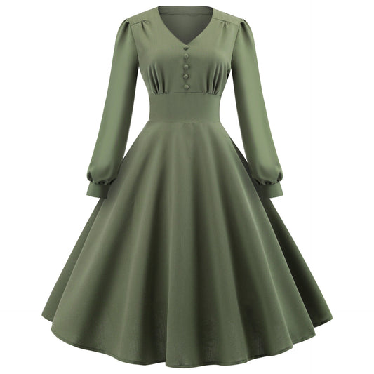 Vintage Long Sleeves Dresses with Button-Dresses-Army Green-S-Free Shipping Leatheretro