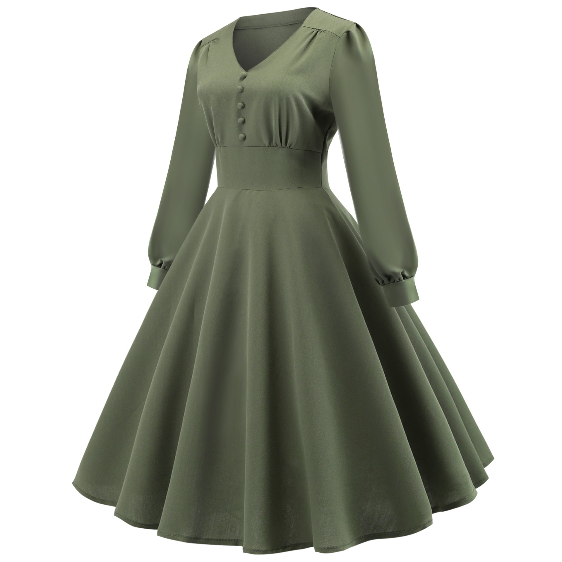 Vintage Long Sleeves Dresses with Button-Dresses-Army Green-S-Free Shipping Leatheretro
