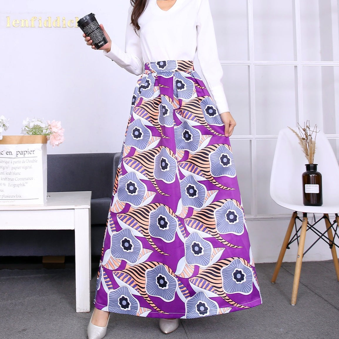 Vintage Floral Print Long Skirts for Women-Skirts-N-S-Free Shipping Leatheretro