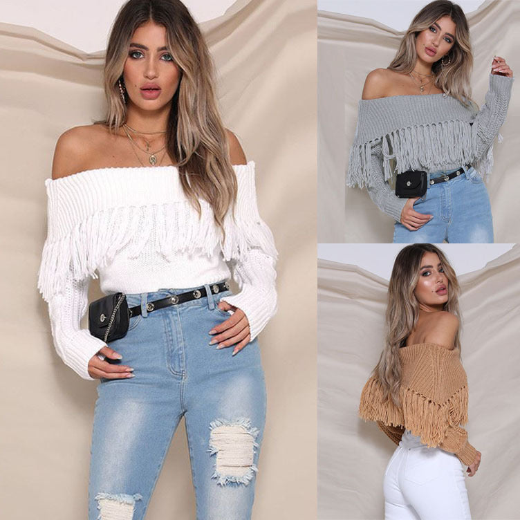 Sexy Off The Shoulder Tassels Women Short Sweaters-Tops-White-S-Free Shipping Leatheretro