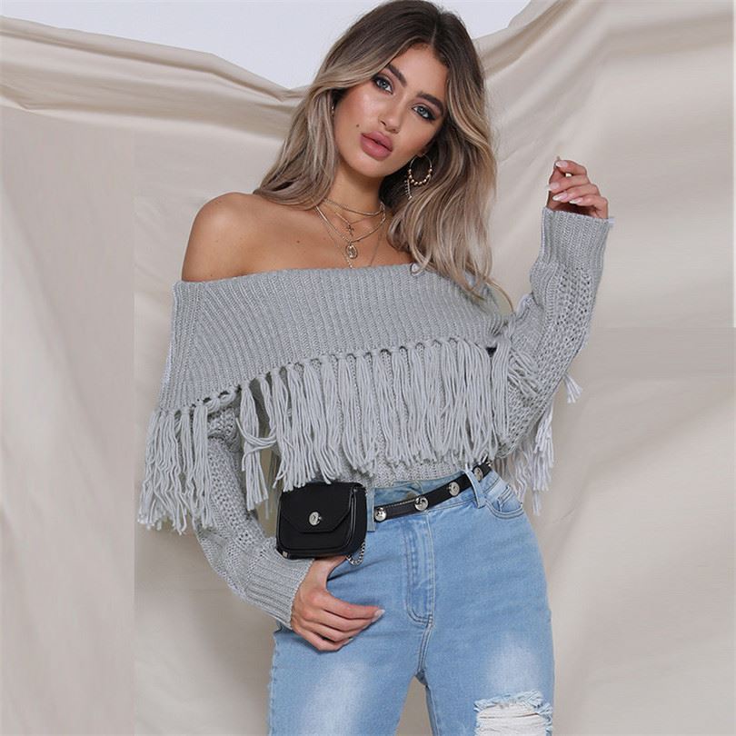 Sexy Off The Shoulder Tassels Women Short Sweaters-Tops-White-S-Free Shipping Leatheretro