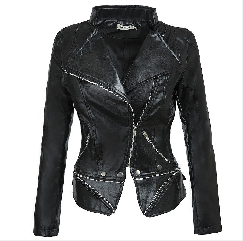 Black PU Leather Zipper Jacket Coat for Women-Coats & Jackets-Black-S-Free Shipping Leatheretro