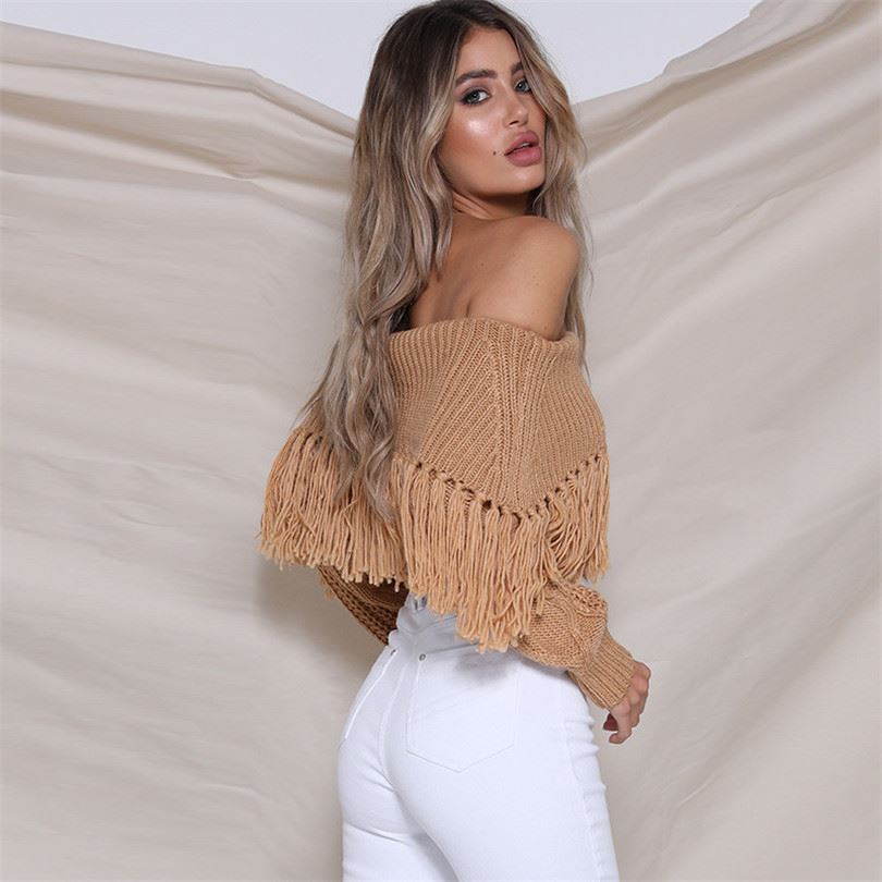 Sexy Off The Shoulder Tassels Women Short Sweaters-Tops-Brown-S-Free Shipping Leatheretro