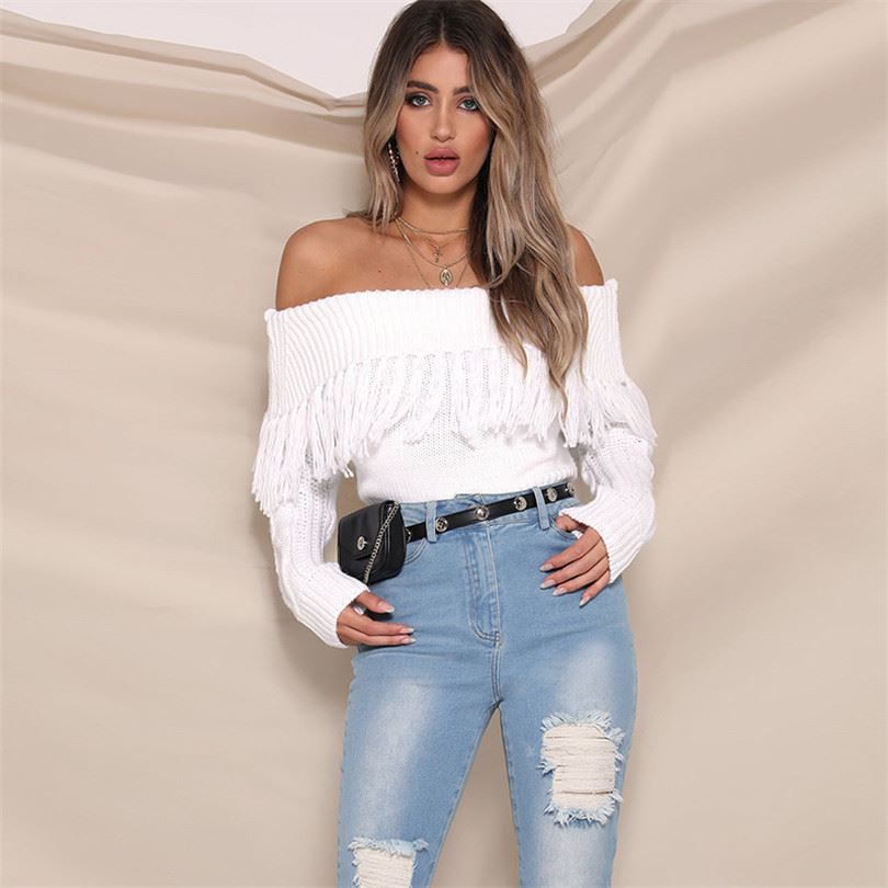 Sexy Off The Shoulder Tassels Women Short Sweaters-Tops-White-S-Free Shipping Leatheretro