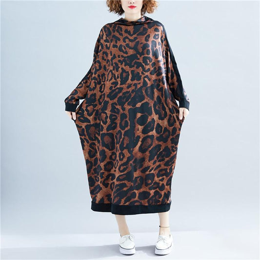 Fall High Neck Leopard Plus Size Long Dresses-Plus Size Dresses-The same as picture-XL-Free Shipping Leatheretro