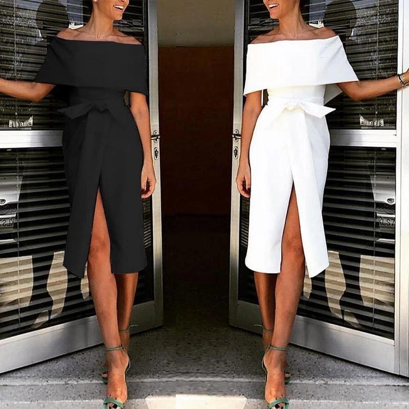 Sexy Classy Off The Shoulder Split Midi Dresses-Sexy Dresses-White-S-Free Shipping Leatheretro