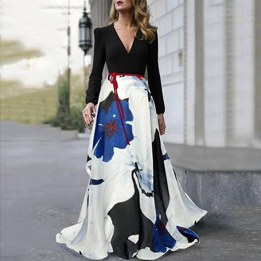 Plus Sizes V Neck Long Sleeves Dresses with Belt-Maxi Dresses-The same as picture-S-Free Shipping Leatheretro