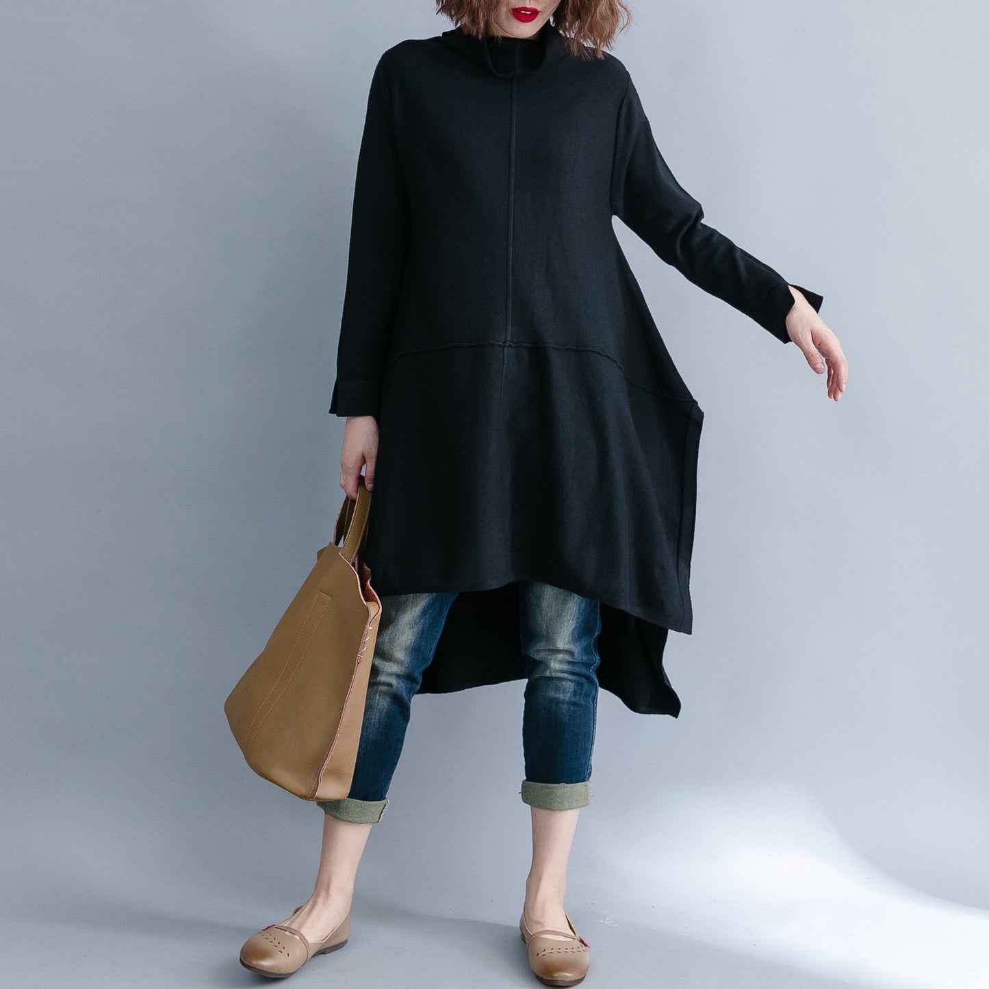 Women High Neck Irregular Fall Dresses-Casual Dresses-Black-One Size-Free Shipping Leatheretro
