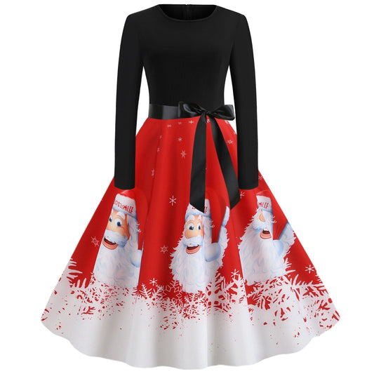 Vintage Merry Christmas Round Neck Long Sleeves Dresses-Red-S-Free Shipping Leatheretro