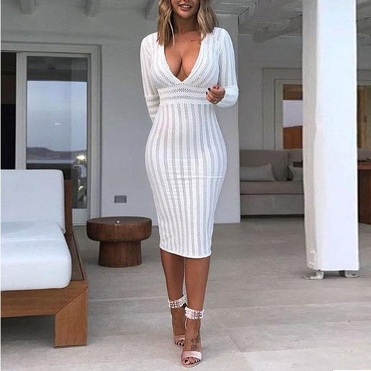 Sexy Long Sleeves V Neck Dresses-Sexy Dresses-White-S-Free Shipping Leatheretro