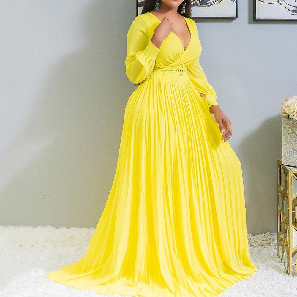 Women V Neck Plus Size Long Dresses-Maxi Dresses-Yellow-S-Free Shipping Leatheretro