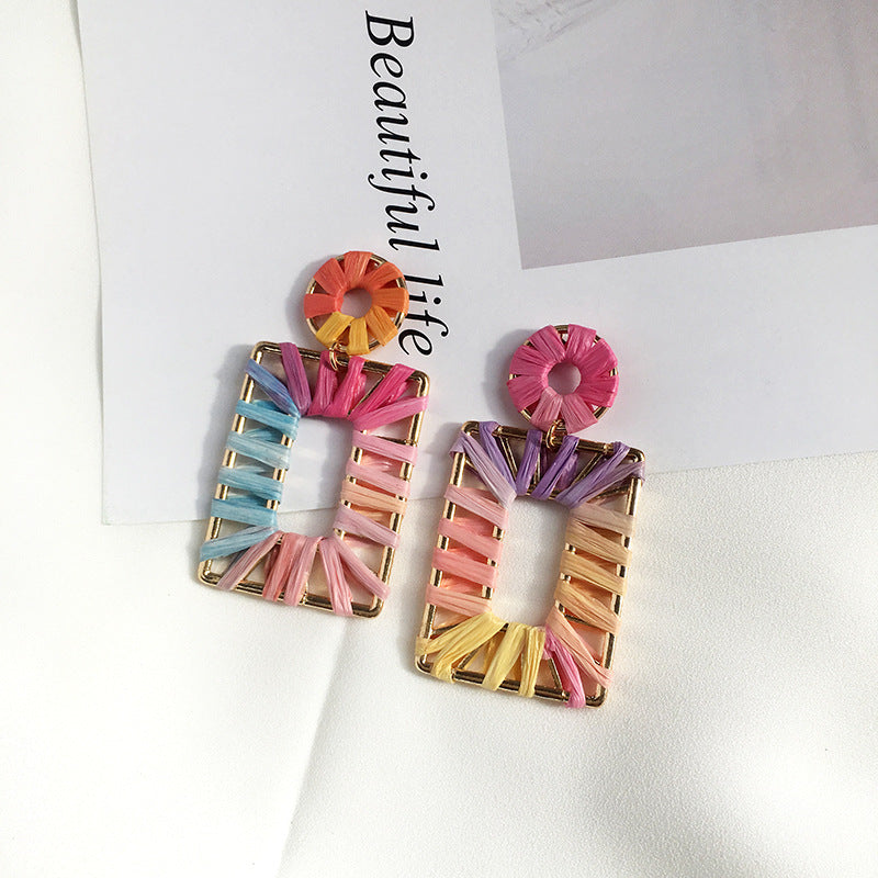 Colorful Raffia Geometry Bohemian Rings-Earrings-Rectangle-Free Shipping Leatheretro