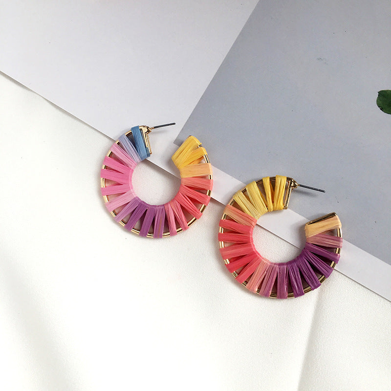 Colorful Raffia Geometry Bohemian Rings-Earrings-C Style-Free Shipping Leatheretro