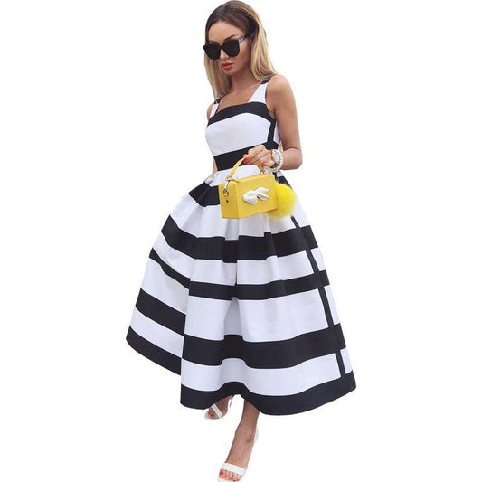 Summer Women Striped Strap Fashion Midi Dresses-Casual Dresses-Black-S-Free Shipping Leatheretro
