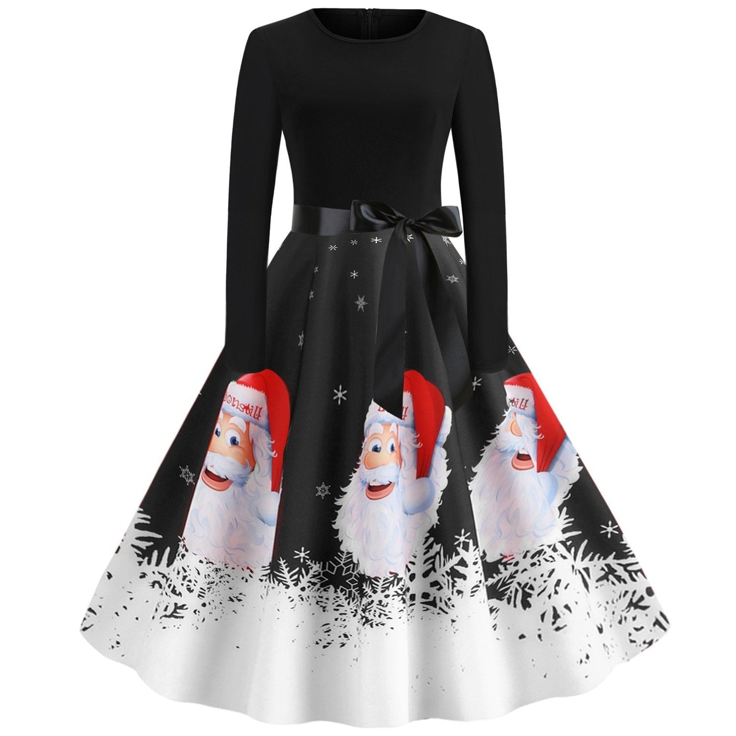 Vintage Merry Christmas Round Neck Long Sleeves Dresses-Black-S-Free Shipping Leatheretro
