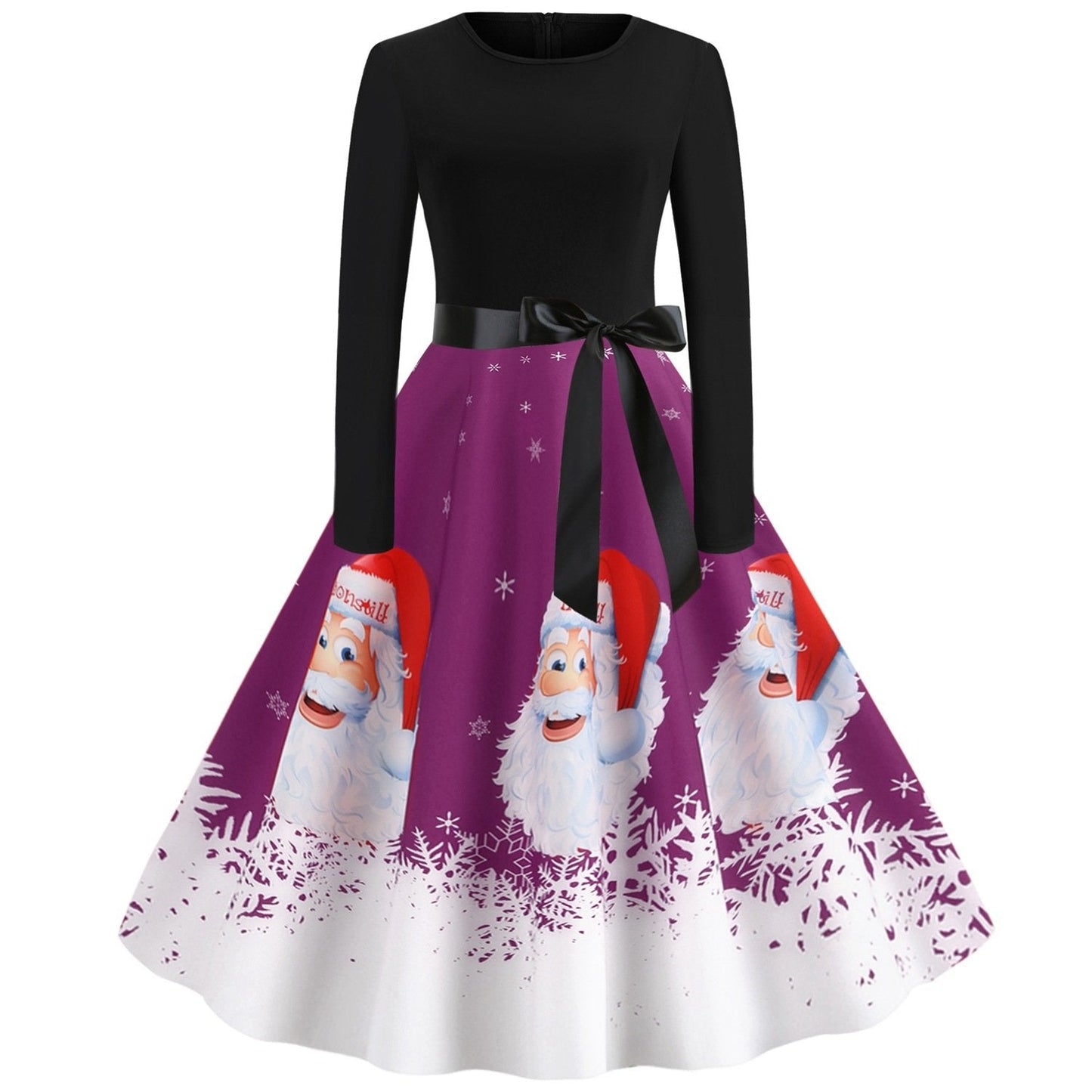 Vintage Merry Christmas Round Neck Long Sleeves Dresses-Purple-S-Free Shipping Leatheretro