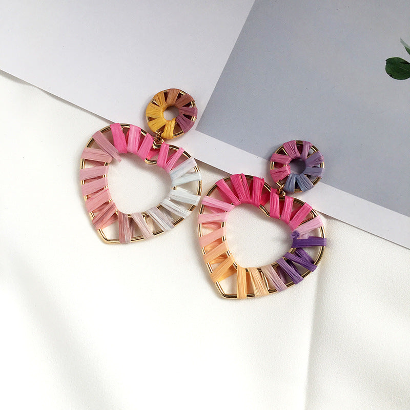 Colorful Raffia Geometry Bohemian Rings-Earrings-Heart-Free Shipping Leatheretro