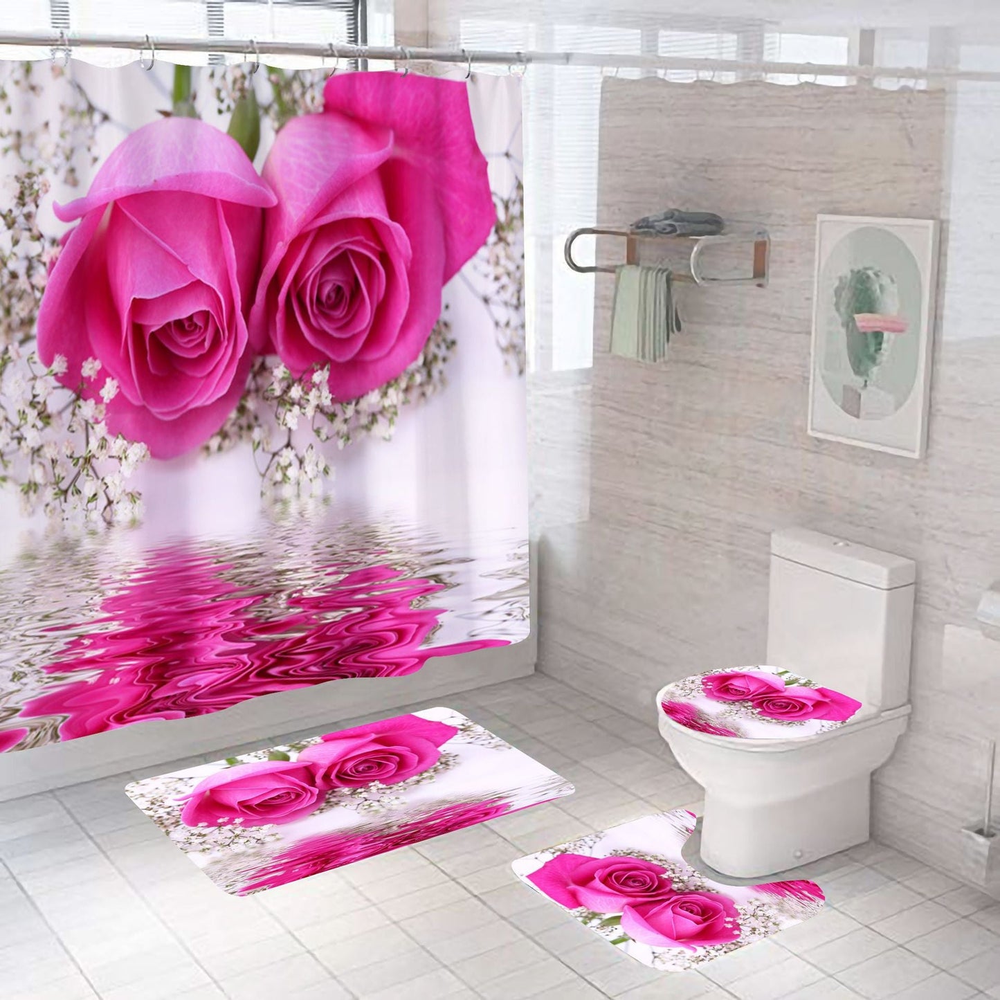 Rose Red Valentine's Day Bathroom Shower Curtain Sets with Rug-Shower Curtains-Shower Curtain+3Pcs Mat-Style3-Free Shipping Leatheretro