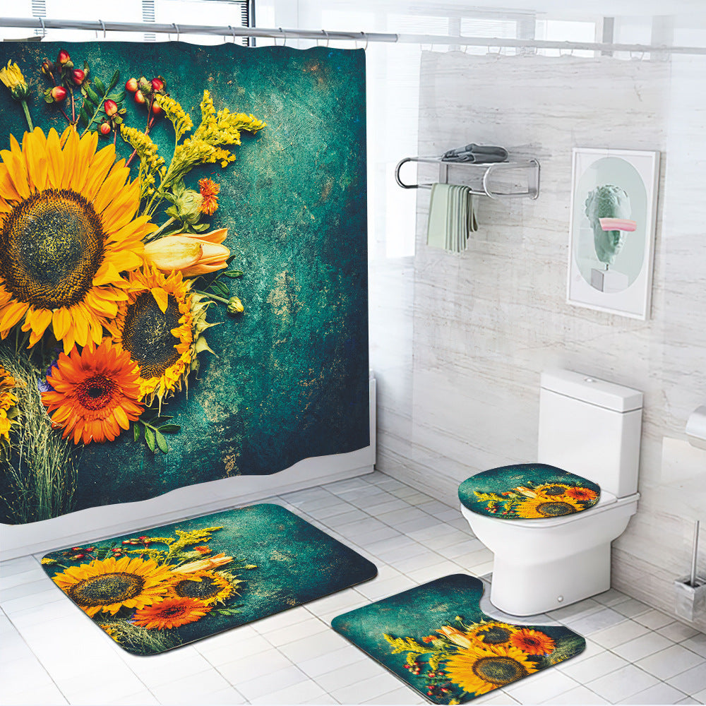 3D Sunflower Shower Curtain Set Bathroom Rug Bath Mat Non-Slip Toilet Lid Cover-Shower Curtains-F-Shower Curtain+3Pcs Mat-Free Shipping Leatheretro
