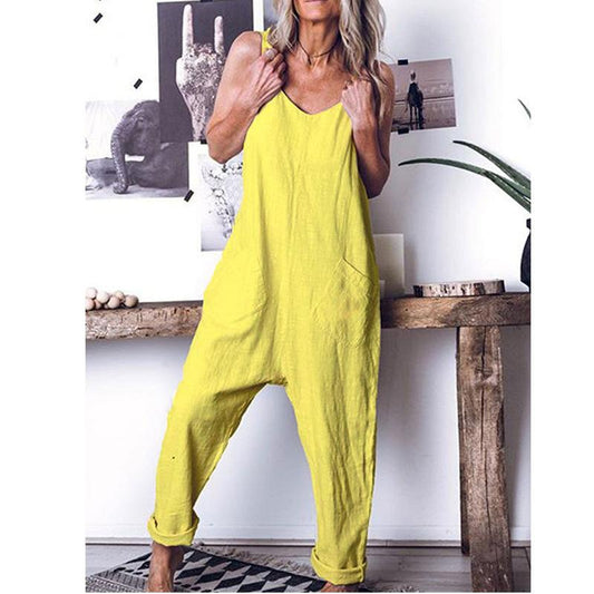 Women Linen High Waist Leisure Jumpsuits-One Piece Suits-Yellow-S-Free Shipping Leatheretro