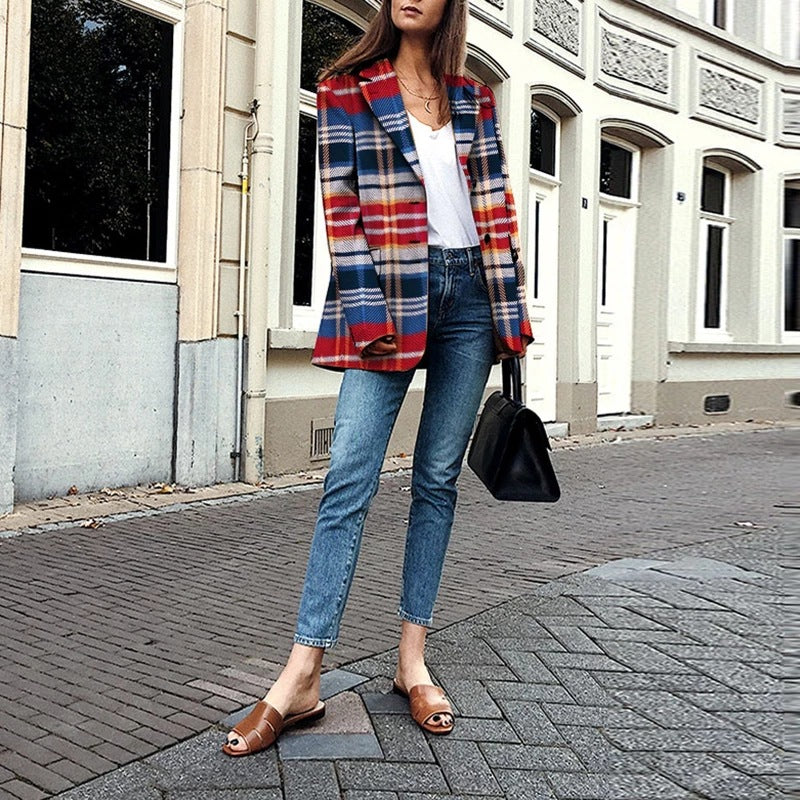 Women Plaid Red Blazer Overcoat-Coats & Jackets-The same as picture-S-Free Shipping Leatheretro