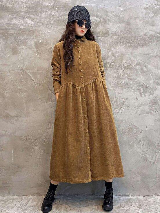 Vintage Solid Corduroy Lapel Dress-Maxi Dress-GINGER-Free Size-Free Shipping Leatheretro