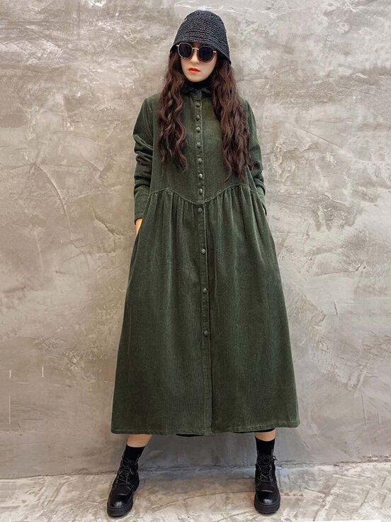 Vintage Solid Corduroy Lapel Dress-Maxi Dress-ARMY GREEN-Free Size-Free Shipping Leatheretro