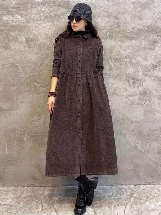 Vintage Solid Corduroy Lapel Dress-Maxi Dress-COFFEE-Free Size-Free Shipping Leatheretro