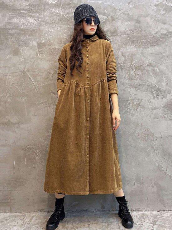 Vintage Solid Corduroy Lapel Dress-Maxi Dress-DARK GRAY-Free Size-Free Shipping Leatheretro