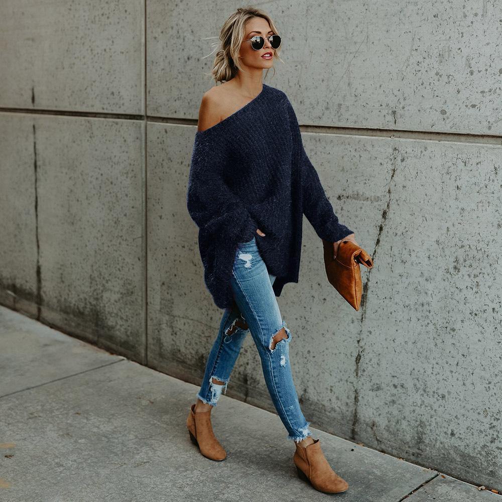 Off The Shoulder Long Sleeves Loose Sweater-Shirts&Blouses-Blue-S-Free Shipping Leatheretro