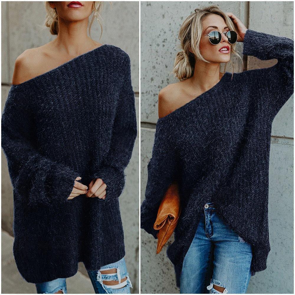 Off The Shoulder Long Sleeves Loose Sweater-Shirts&Blouses-Blue-S-Free Shipping Leatheretro