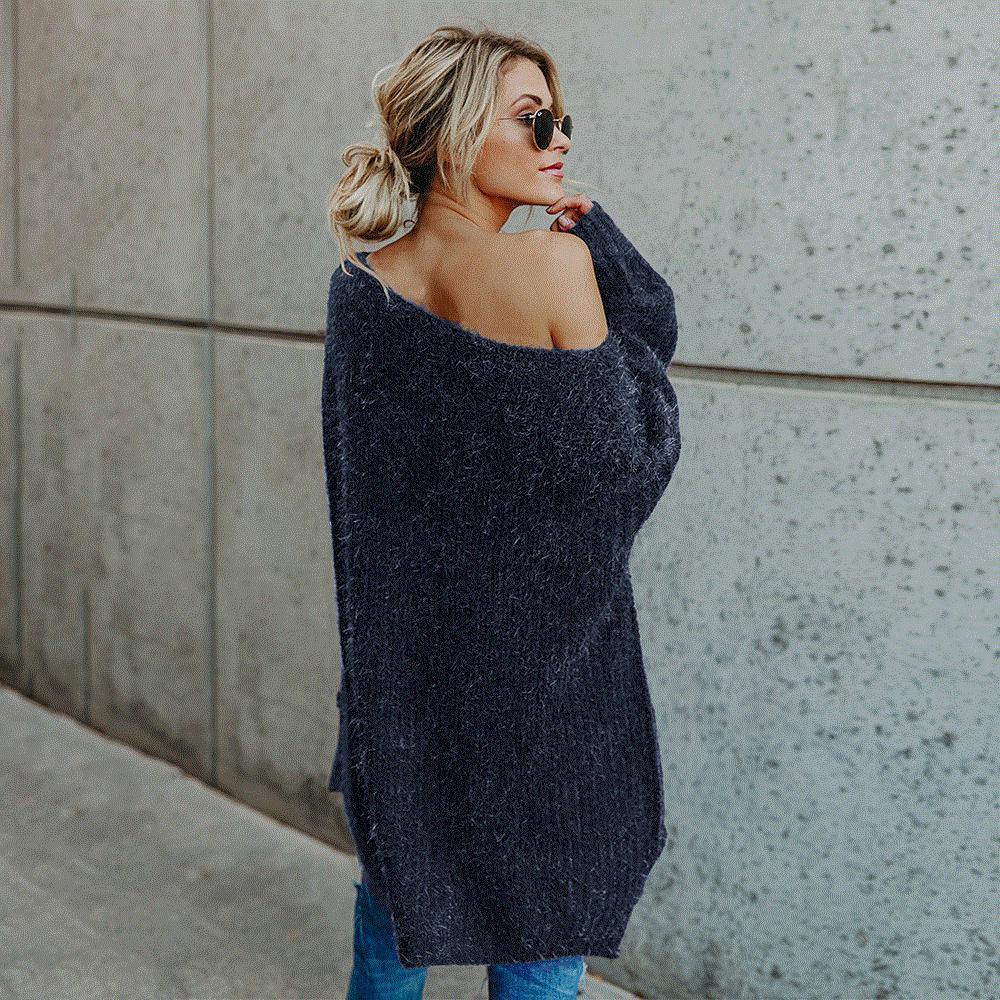 Off The Shoulder Long Sleeves Loose Sweater-Shirts&Blouses-Blue-S-Free Shipping Leatheretro