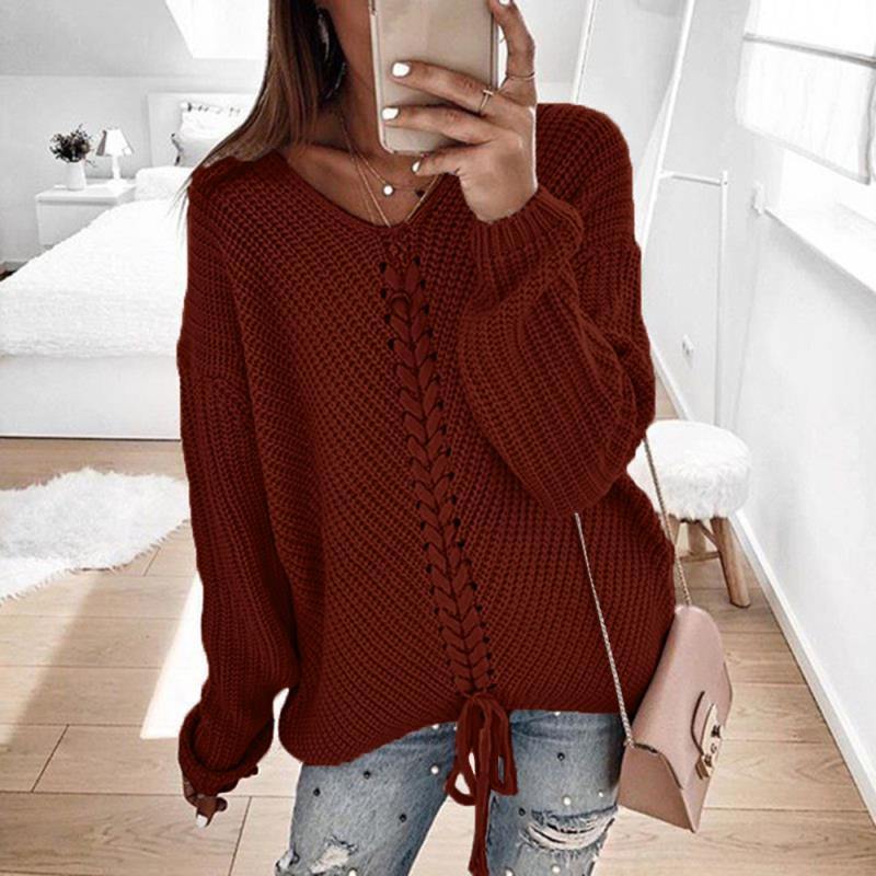 Women V-neck Loose Knitting Sweaters-Sweaters-Pink-S-Free Shipping Leatheretro