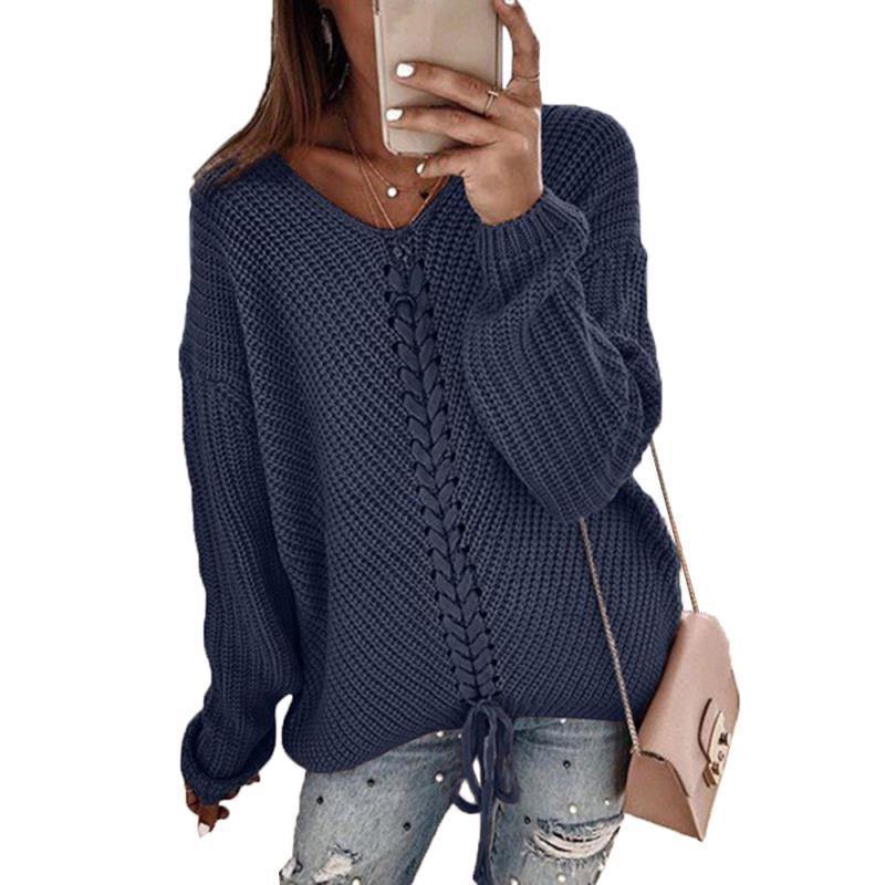 Women V-neck Loose Knitting Sweaters-Sweaters-Dark Blue-S-Free Shipping Leatheretro