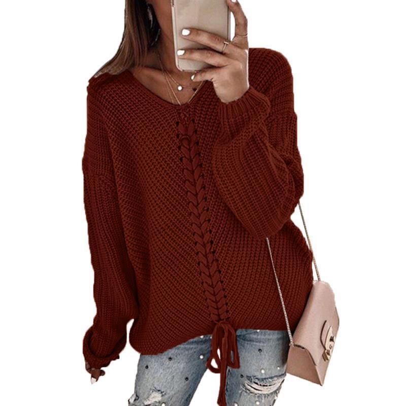 Women V-neck Loose Knitting Sweaters-Sweaters-Wine Red-S-Free Shipping Leatheretro