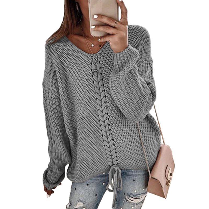Women V-neck Loose Knitting Sweaters-Sweaters-Gray-S-Free Shipping Leatheretro