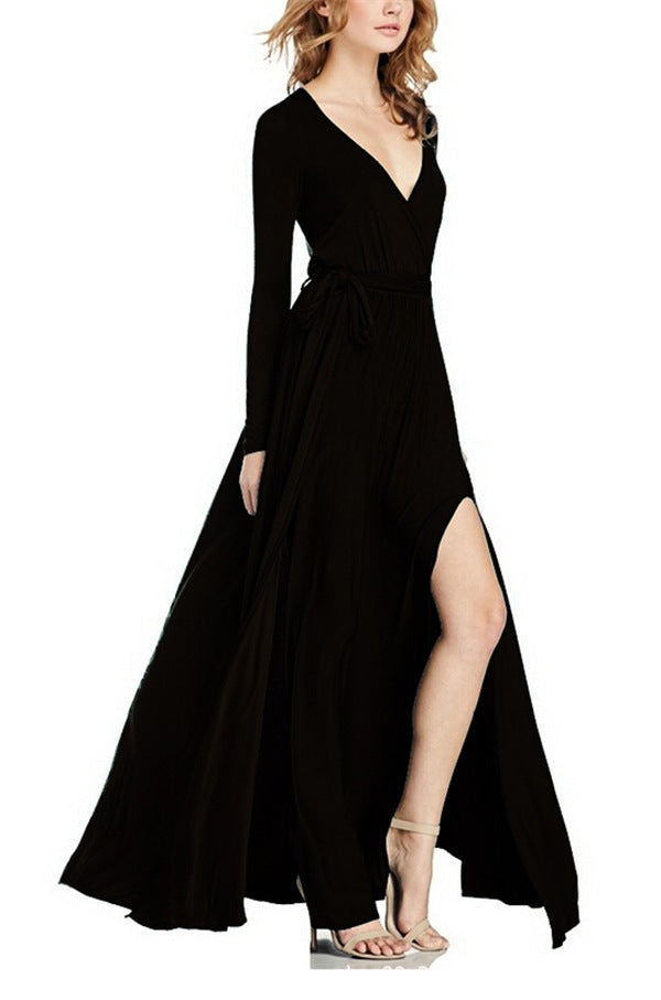 Sexy Deep V Neck Long Party Dresses-Black-S-Free Shipping Leatheretro