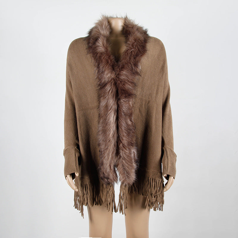 Women Winter Tassels Fur Collar Cardigan Overcoat-Outerwear-Khaki-One Size-Free Shipping Leatheretro