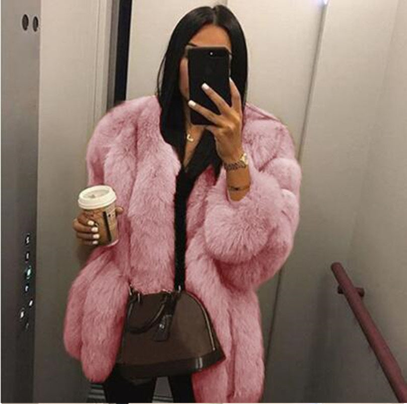 Artificial Fox Fur Women Winter Overcoat-Outerwear-Dark Pink-S-Free Shipping Leatheretro