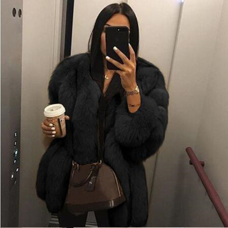 Artificial Fox Fur Women Winter Overcoat-Outerwear-Black-S-Free Shipping Leatheretro